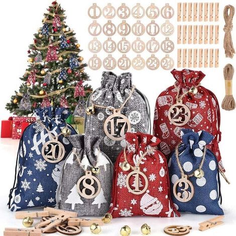 Calendrier de l'Avent Vide a Remplir Soi Meme en Tissu, 24pcs Pochette Sac Calendrier de l'avent Reutilisable Mural pour DIY Cadeau Noel Décoration