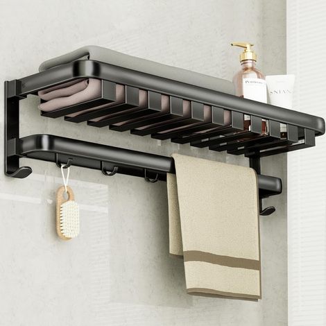 Porte-serviettes avec panier : porte-serviettes mural 2 en 1 pliable en aluminium double couche (1/5)