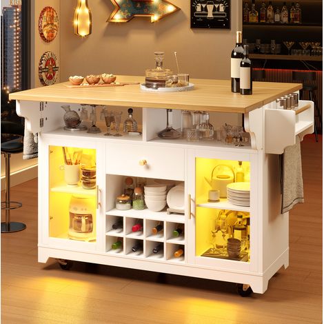 Küchenwagen mit RGB-LED, klappbaren Seitenplatten, Weinregal und Rollen, Weiß (1/5)