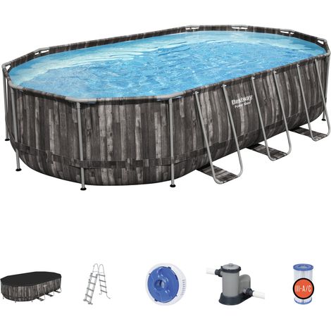 Aufstellpool Bestway Power Steel Eiförmig Holz-Design 610x366x122 cm mit Kartuschenreiniger 5.678 L/S mit Abdeckung und Leiter