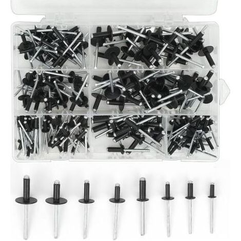 200 Pièces Rivets aveugles pop en aluminium, 3.2 x 8mm, 3.2 x 10mm, 4 x 10mm, 4 x 14mm, 4.8 x 14mm, 4.8 x 18mm, 8 tailles kit d'assortiment de rivets pop Noirs pour Métal, Bois, Plastique (1/5)