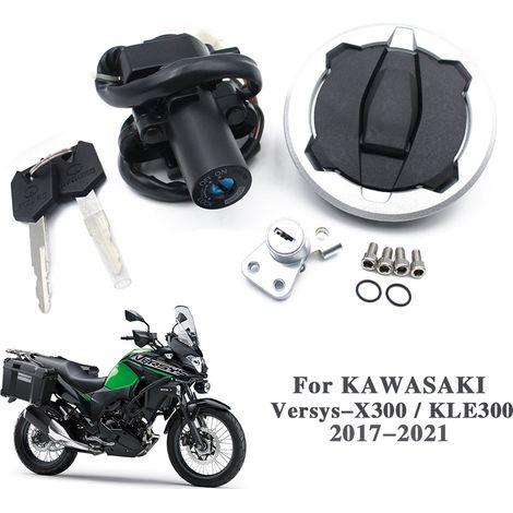 Fits Kawasaki Versys X300 and KLE300, ignition switch, fuel tank cap and complete lock set for 17-21 year models.