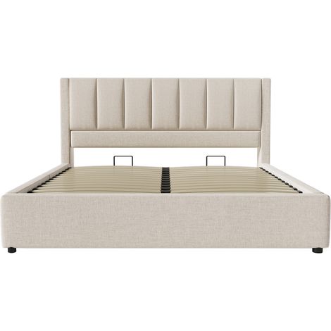 Lit rembourré 140x190 cm en lin beige avec rangement, prises USB et Type-C (1/5)