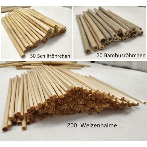 Lot de 270 Tubes de Nidification Naturels pour Hôtel à Insectes - Chalumeaux en Roseau Bambou et Paille de Blé pour Abeilles Solitaires Sauvages - Recharges 20 cm