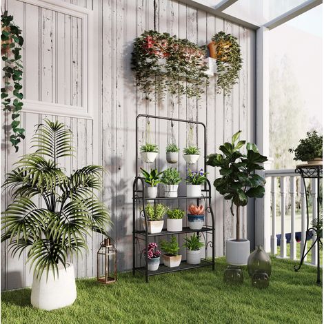 Estantería para plantas (75x25x137 cm), de 3 niveles, con barra colgante y ganchos, metal negro (1/5)