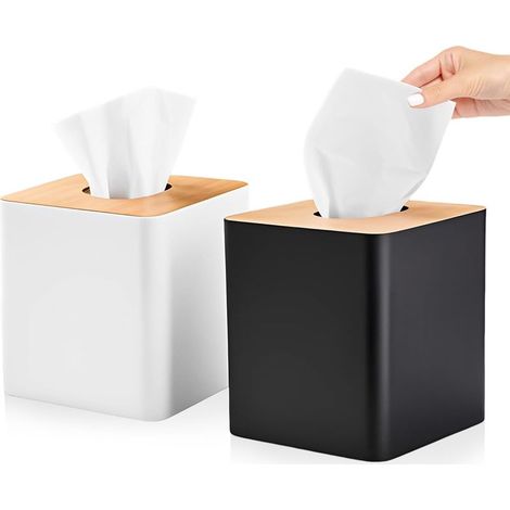 Set aus 2 quadratischen Taschentuchboxen aus Kunststoff mit Bambusdeckeln für Wohnzimmer, Büro, Heimdekoration, Nachttisch (schwarz + weiß) (1/5)