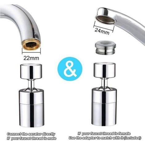 Aérateur Robinet 360° Argent, 2 Modes Débit Mousse ou Jet, Économiseur d'Eau pour Cuisine Salle de Bain, Filtre Anti-Calcaire (1/4)
