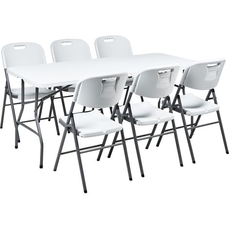Salle à Manger de Jardin 6 Places Table 180 x 74 cm Rectangulaire Chaises Pliantes Pieds en Acier Blanc Cugnoli