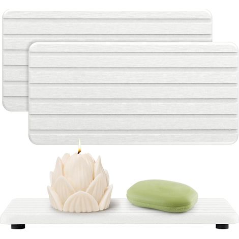 Lot de 2 plateaux de séchage en pierre absorbant l'eau pour évier de salle de bain, savon en pierre, pierre à séchage rapide (blanc)'Blanc'- (1/5)