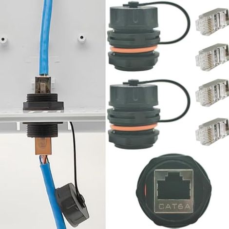 Coupleur RJ45 Étanche, 2 pcs CAT6A/6/5E/5 Conceteur Cable Éthernet+ Têtes Cristal 4pcs avec un montage à panneau industriel blindé Femelle à Femelle Coupleur avec bouchon imperméable/Dust (1/5)