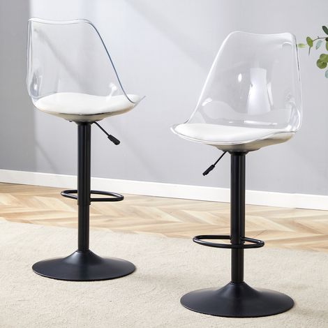 Tabouret de Bar  Lot de 2 Transparent Dossier Translucide PU Blanc Réglable 360°