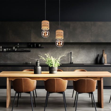 Pendelleuchte Holzlampe Esstischlampe Hängelampe Wohnzimmer, Höhe anpassbar, 1x E27, DxH 12x120 cm, 2er Set