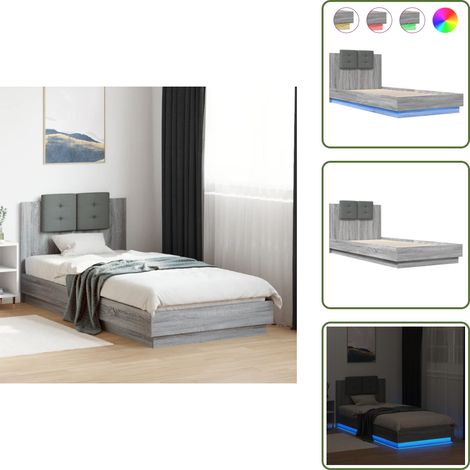 Bettgestell mit Kopfteil und LED-Leuchten Grau Sonoma 100x200cm - Bettsystem - Holzbettwäsche - Doppelbett - Boxspringbett - Lattenrost (1/5)