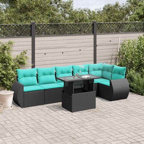 7-teiliges Gartensofa-Set mit Kissen, schwarzes Polyrattan (1/5)