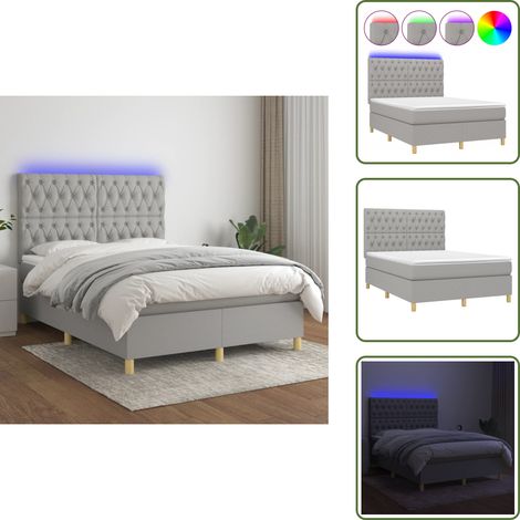 Cama con cabecero ajustable - vidaXL Cama box spring colchón y luces LED tela gris claro 140x190 cm - Cama con tira LED