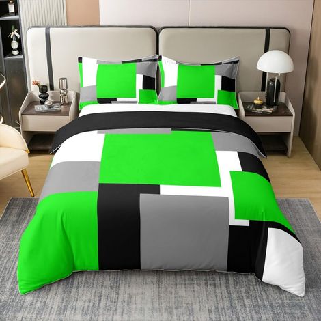 Vert Rectangle 100% Coton Housse de Couette 240x260cm Enfants Géométrique Parure de Lit pour Garçons Filles Art Moderne Ensemble de Literie 3 pièces Doux léger - 240 x 260 cm + 2 taies d'oreiller 65 x (1/5)