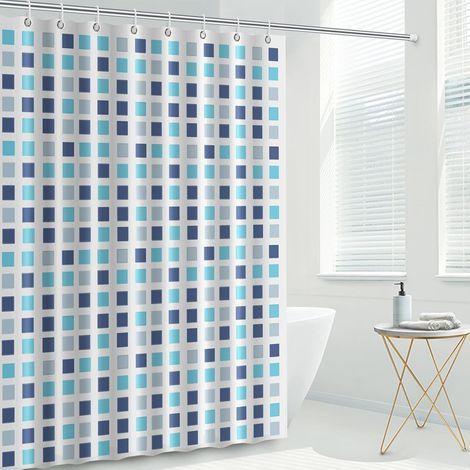 Shower Curtain with Hooks, 72 x 72 Inch Heavy Duty Waterproof Shower Curtain Mould Proof Resistant with Rust-Resistant Metal Rings and 12 Plastic Hooks Bath Shower Curtain Liner Blue (1/5)