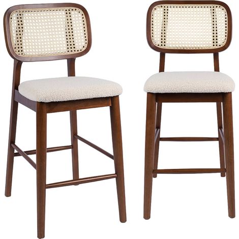 sweeek - 2er-Set Barhocker aus Heveaholz mit Rattan-Geflecht und Bouclé-Sitz Nussbaumfarben / Weiß