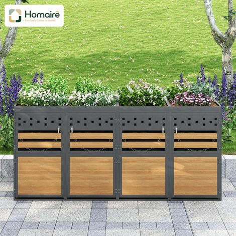 HOMAIRE Box à poubelles 4 compartiments avec toit planté, 120-240 litres, anthracite, porte effet bois, extensible