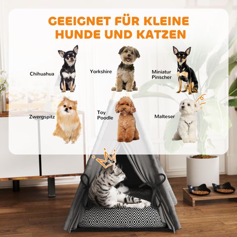 Tente tipi pour animaux, couchage forme tipi pour chat et chien, lit douillet avec coussin, gris (1/4)