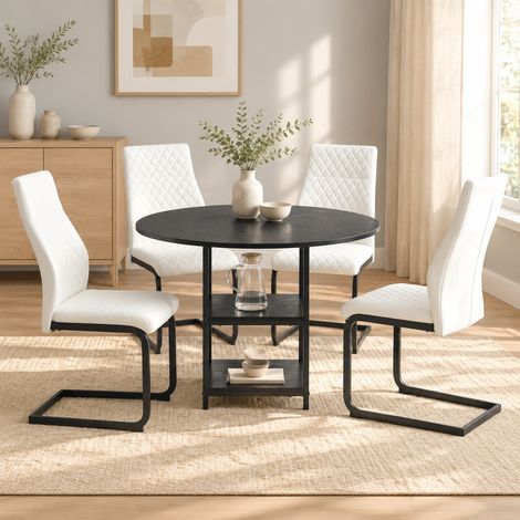 Set pranzo rotondo 107x107x75 cm MDF/metallo nero/bianco, 4 posti – MEUBLIV (1/5)