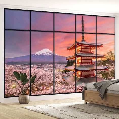 Papier peint panoramique Trompe l'oeil Verrière - Temple japonais vue mont fuji - 130 cm x 82 cm (1/5)