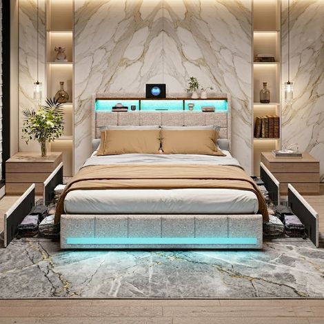 Lit Double Capitonné 160x200 cm avec LED et USB - Cadre de lit Moderne avec tête de lit, sommier à Lattes, 4 tiroirs de Rangement - Parfait pour Adultes et Adolescents - Lin Beige (1/5)