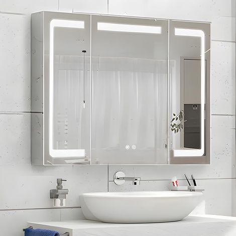 Armoire à pharmacie LED en acier inoxydable, miroir de salle de bain avec lumière, 3 couleurs, intensité variable, équipée d'un désembueur, d'une prise de rasoir USB, lumière interne, 81,3 x (1/5)