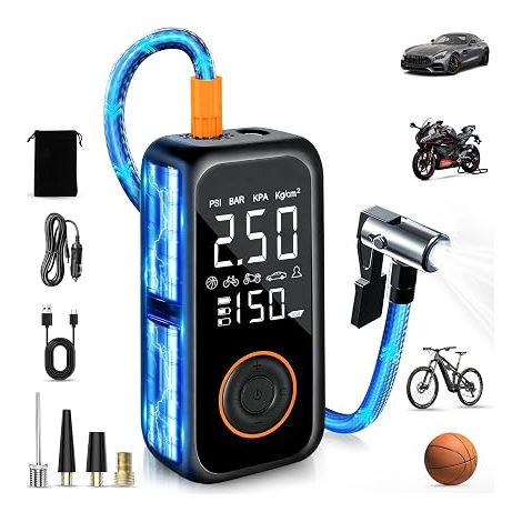 Gonfleur Pneus Voiture Sans Fil, Mini Compresseur à Air Portatif, 150PSI Pompe a Velo Electrique avec écran LCD numérique et lampe de poche LED,Gonfleur Pneu pour Vélo,Voiture,Moto,Ballons (1/5)