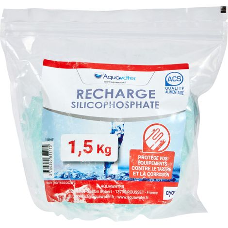 AQUAWATER - 106668 - Ricarica anticalcare 1,5 kg - Cristalli di silicofosfato anticalcare anticorrosione - Tutti i portafiltri standard - 1,6 kg - Silicofosfato