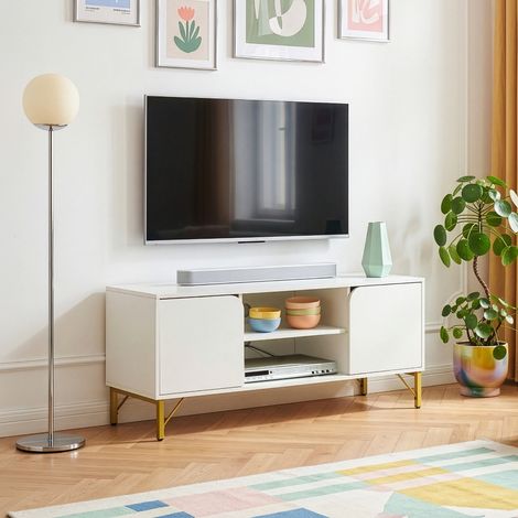 Mobile Porta TV Reyri a 2 Ante e 2 Vani Aperti 120 x 39 x 52 cm - Bianco/Dorato [en.casa] (1/5)