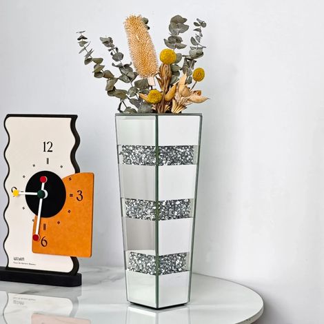 Vase de Table en Verre Argenté 30cm pour Fleurs Séchées et Pampas - Vase Modern Cristal Décoratif avec Diamants Décoration pour Salon Chambre Bureau Mariage