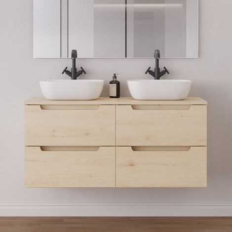 Meuble de salle de bain 140cm avec plateau et 2 vasques à poser arrondies - 4 tiroirs - sans miroir - roble calima (bois clair) - SONRIZA (1/5)