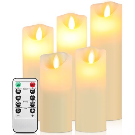 TolleTour LED Kerzen 5er Set Echtwachs Flackernd Flammenlose mit Fernbedienung Timer Funktion & mehrstufig dimmbar bewegliche Flamme Echtwachskerzen Weiß (1/5)