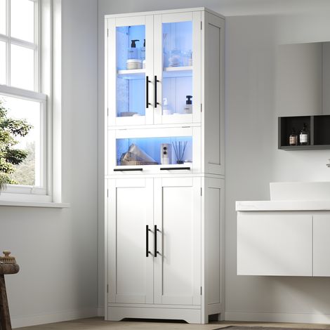 Armoire de salle de bain haute 60×30×170 cm, meuble de rangement autoportant, bande lumineuse LED contrôlée par application, portes en verre, étagères réglables, style minimaliste nordique, blanc.