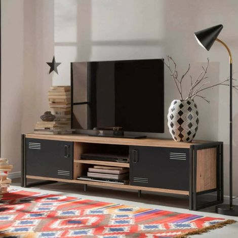 Dmora - Fernsehschrank Dperott, Ständer für Wohnzimmerfernseher, Niedriges Wohnzimmer-Sideboard, TV-Ständerbasis, 180x45h50 cm, Eiche und Schwarz (1/5)