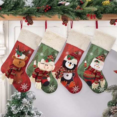 Calcetines navideños - Calcetines navideños grandes, ideales para regalos de Navidad y decoración de chimenea, juego de 4. (1/5)
