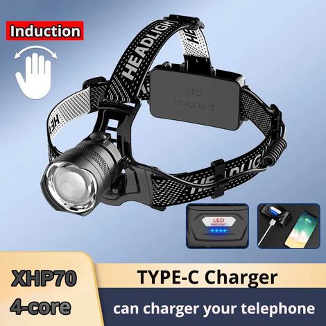 Lampe frontale LED blanche pour la pêche (XHP70 LED B - Avec batterie) avec capteur laser et lampe torche rechargeable USB pour batterie 18650. (1/5)