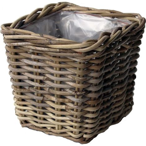 Van der Leeden – Cache-pot carré en rotin gris avec doublure plastique – 18 x 18 cm