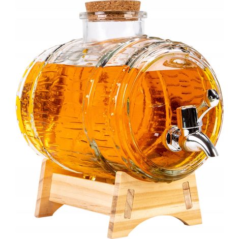 2-Liter-Glasfass in einer Kiste mit Zapfhahn auf einem Holzständer