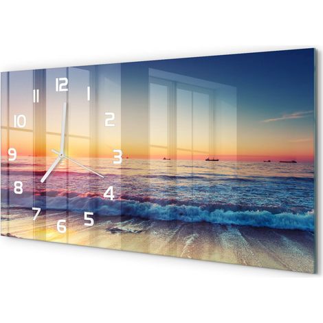 Horloge Murale Design Original 60x30 cm Verre Trempé Silencieuse Salon Lever du soleil sur la mer (1/5)