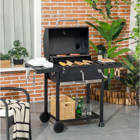 Barbecue a carbone su carrello, 2 griglie, ripiani pieghevoli, inox nero HAVRYA (1/4)