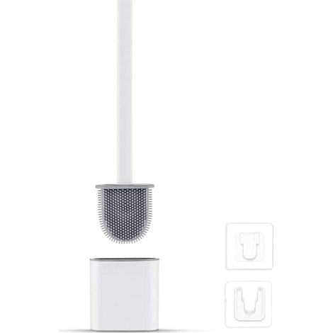 Escobilla de baño plana de silicona con soporte - Antigoteo, antibacteriana - Escobilla ventilada - Secado rápido y sin olor - Montaje en pared o suelo - Ideal para baño e inodoro - Blanco - INHHUB (1/5)