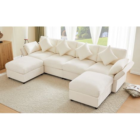 Canapé Modulaire en Chenille Beige Forme U/L, Canapé d'Angle Convertible avec Accoudoirs Réglables, Design Cloud, 2 Poufs, 4 Coussins et 2 Appuie-têtes (1/5)