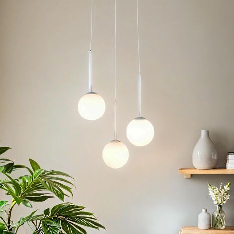 Pendelleuchte Metall Glas 44 cm breit H: max. 200 cm Weiß E14 3-flammig Kugel Schirm rund Modern (1/5)