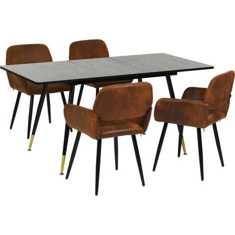 URBAN MEUBLE Ensemble table à manger extensible en bois noir (120-160cm) et 4 fauteuils vintage en daim marron (1/5)