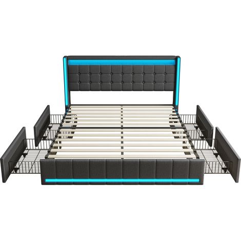 Ensemble literie double 160x200 cm gris anthracite, couvre-lit avec rabats, tête et pied de lit lumineux LED, 4 tiroirs métalliques, tête de lit avec chargeur USB (1/5)
