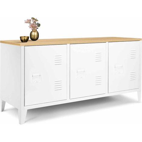 Idmarket – Buffet bas 113 cm 3 portes métal blanc – Plateau bois façon hêtre – Style industriel – Dimensions 113x38x53 cm