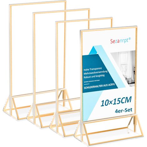 Lot de 4 porte-cartes de table en acrylique avec bord doré et horizontal - 10 x 15 cm - Transparents - Doré - Pour affichage de menus de restaurant, numéros de table de mariage (1/5)