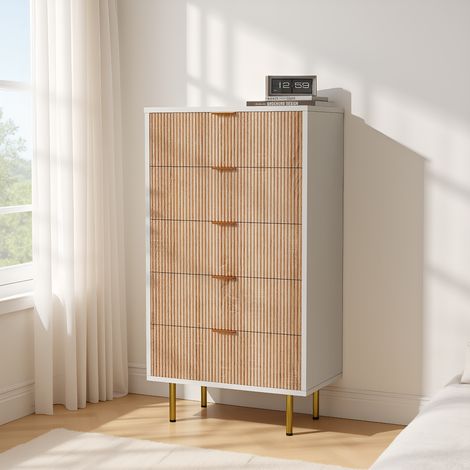 BLANKETSWARM - Commode 5 tiroirs en bois, Commode tiroire chambre – Rotin tressé – Poignées métal doré - 60x34x91 cm (1/5)